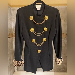 1980s Vintage Caché black textured blazer with gold-tone chain + lion buttons